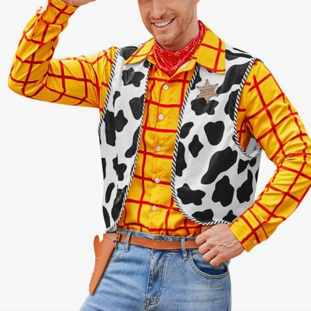 Arvilhill 4 Pcs Men's Woody Costume Halloween Shirt Vest Neckerchief Star Badge